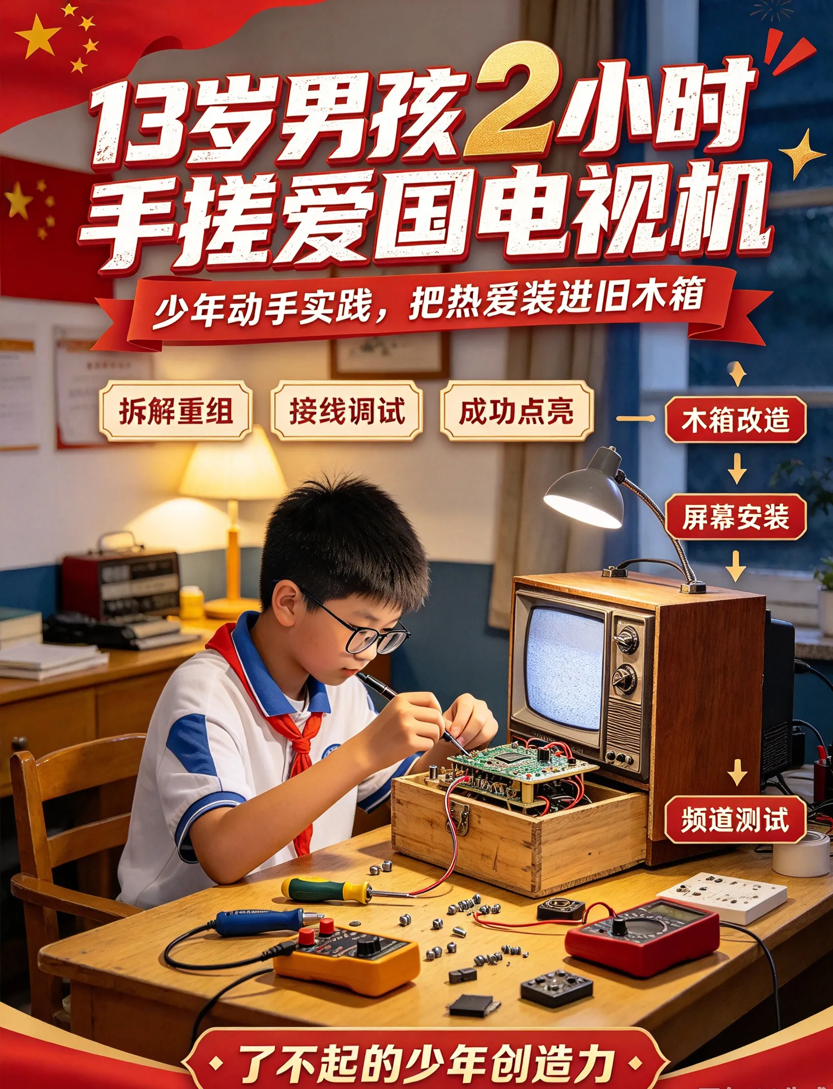13岁男孩2小时手搓“爱国电视机”：两张历史照片、一个物理原理，和一颗“清澈的心”